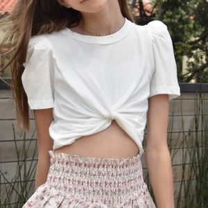 Katie J NYC Juniors White Paige Puff Sleeve Tie Back Crop Top
